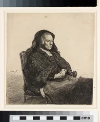 Kunstnerens mor satt ved et bord, ca. 1631 (radering)
