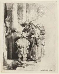 En blind hurdy-gurdy-spiller og familien hans mottar almisser