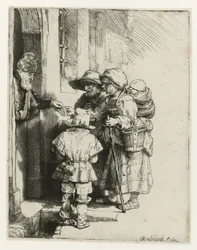 En blind gurdy-spiller og hans familie En blind løpebanespiller og familie som mottar almisser