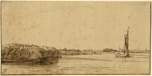 A Sailing Boat on a Wide Expanse of Water, ca. 1650 (penn og brunt blekk og brun vask, på tonet papir)