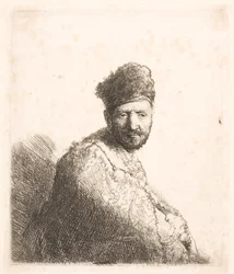 Skjegget mann (Rembrandts far) med orientalsk lue og kappe med pelskant: halvfigur
