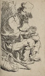 Tigger sitter og varmer hendene ved en gnagskål, ca. 1630., ca. 1630.