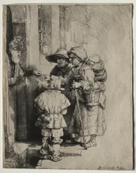 Tiggere som mottar almisser ved døren til et hus, 1648.