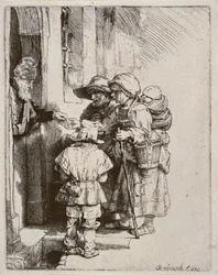 Tiggere som mottar almisser ved døren til et hus, 1648 (tørrpunktgravering)