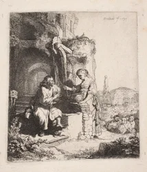 Kristus og den samaritanske kvinnen blant ruinene (vertikal illustrasjon)