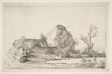 Hytter og gårdsbygninger med en mann som skisserer, ca. 1645.