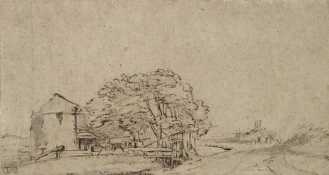 Gårdsbygning ved siden av en vei med fjerntliggende gårdsbruk, 1650-69 (penn og brunt blekk med grå vask på papir)