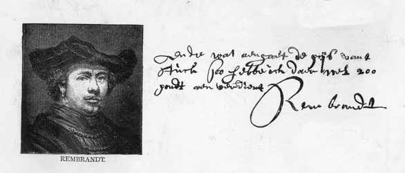 Håndskrift og signatur av Rembrandt fra et brev til Constantine Huygens som ber om betaling av en skyldig pengesum, ca. 1640