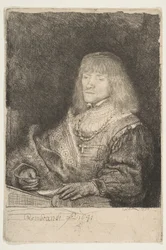 Mann ved et skrivebord med kors og kjede, 1641.