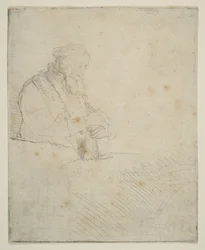 Gammel mann i meditasjon, lener seg på en bok, ca. 1645.