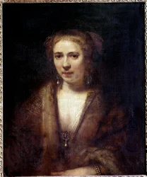 Portrett av Hendrickje Stoffels (1625-1663) ved beret av fløyel, ledsager av maleren Maleri av Harmensz Van Rijn Rembrandt (1606-1669) 1600-talls søn. 0,61x0,74 m