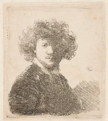 Rembrandt uten hatt, med tykt, krøllete hår og en liten hvit krage: brystbilde