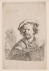 Rembrandt i flat lue med sjal om skuldrene