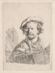 Rembrandt i flat lue med sjal om skuldrene