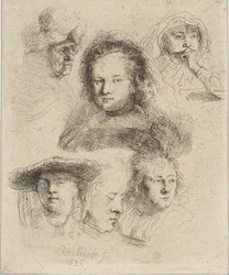 Rembrandts kone og fem andre hoder, 1636.