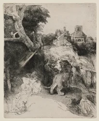 Den hellige Hieronymus leser i et italiensk landskap