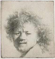 Selvportrett med langt buskete hår: kun hode, ca 1631.