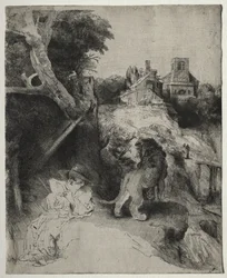 St. Jerome leser i et italiensk landskap