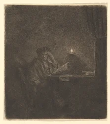 Student ved et bord ved levende lys, ca. 1642.