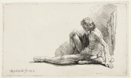 Studie etter nakenmodell (Mann sittende på bakken) (Bartsch 196, den andre av to utgaver; H. 221; Muntz 137 II)