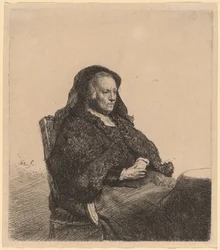 Kunstnerens mor sitter ved et bord og ser rett ut