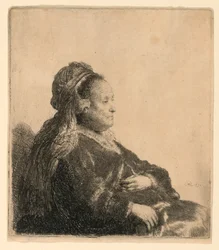 Kunstnerens mor sitter, i en orientalsk hodeplagg: halv lengde