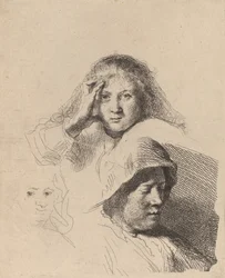 Three Heads of Women, One Lightly Etched, ca. 1637.