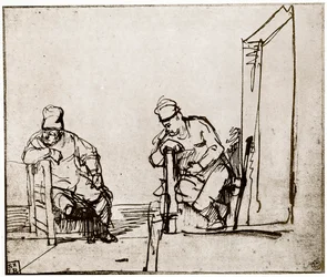 To menn sitter ved en døråpning, 1913.