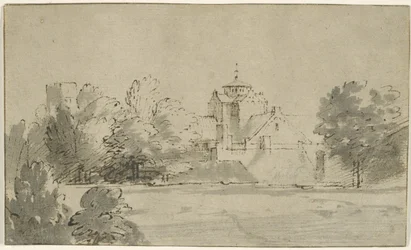 Utsikt over Mariakerk i Utrecht fra sør, ca. 1652 (penn og blekk med vask på papir)