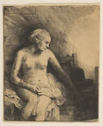 Kvinne ved badet med en hatt ved siden av henne, 1658.