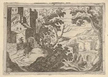 Landskap med bygninger til venstre og bro til høyre under, ca. 1620-50.