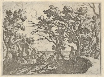 Landskap med landfisker og mannlig tilskuer under trær, en mann i båtbaug..., ca. 1620-50.