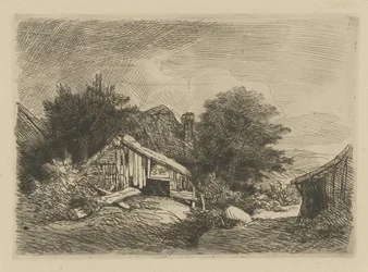 Landskap med falleferdig hytte