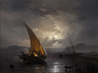 Et nattlandskap med en seilbåt hvor bål blir tent, etter 1860 (olje på lerret)