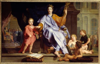 Veltalenheten. Allegori over den kronede veltalenheten, i bakgrunnen kong Ludvig XIV foran sine hoffolk. Maleri av René Antoine Houasse (1645-1710), 17. århundre. 0,96 x 1,54 m, Brest, Kunstmuseet
