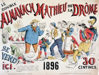Reklameplakat for Almanach Mathieu de la Drôme 1896 (en bonde som gir avlingsråd til mengden som skynder seg på boken), 30 cent.