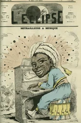 Maskingevær med musikk, karikatur av Jules Renard Draner (1833-1926), spesialist på militærlivet blant alle nasjonaliteter. Forside til «L