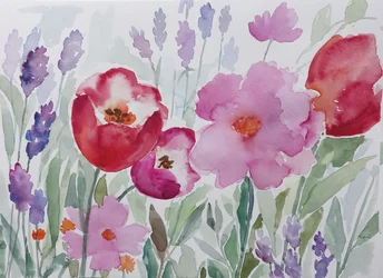 Blomstrende akvarellhage