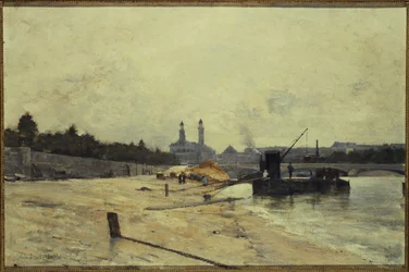 Pont de l#39;Alma og den gamle Trocadero sett fra Quai d#39;Orsay, cirka 1880 (olje på lerret)