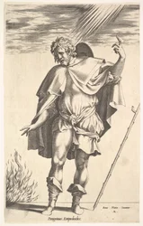 Empedocles, stående frontalt med hodet snudd i trekvart syn, dirigerer ..., ca. 1545-63.
