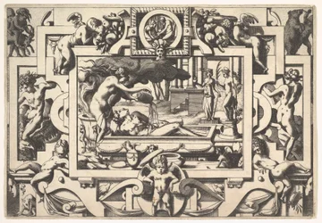 Medea heller en trylledrikk over Jason King Aeson, så avfeldig og avfeldig, i et kar hun..., 1563.
