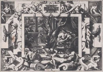 Pelias drept av sine døtre, hvis medlidenhet de tar motet hans blod til å tømme innen v..., 1563.