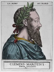 Portrett av Clement des Marets kalt Marot (1496-1544), fransk poet - Clement Marotius poeta gallicus gravering av Rene Boyvin 1576 -