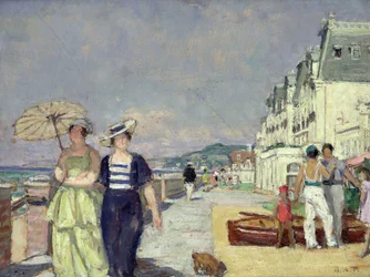 Elegante kvinner ved strandpromenaden i Cabourg, ca. 1929 (olje på lerret)