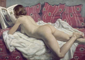 Nakenmodell på en rosa divan, ca. 1925