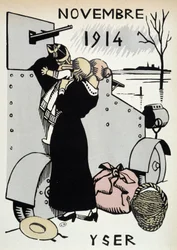 Nov.1914: Yser, troppenes avgang - i "" Krigskalender"", tegning av Herman-Paul, red. 1916