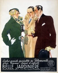 Reklame for «Den største spesialiteten innen klær for menn, damer og barn Belle Jardinière», vinteren 1935