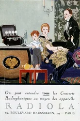 Radio Radio Radio Advertising Postcard (TSF): "" Alle radiokonserter kan høres med Radiola-enheter". sd. ca 1919. Illustrasjon av Rene Vincent, aka Rene Mael (1879-1936).