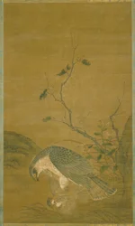 Hawk Capturing A Sparrow (blekk og farge på silke)