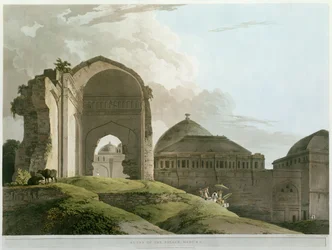 Ruinene av palasset i Madurai, gravert av Thomas og William Daniell (1769-1837), utgitt 1798